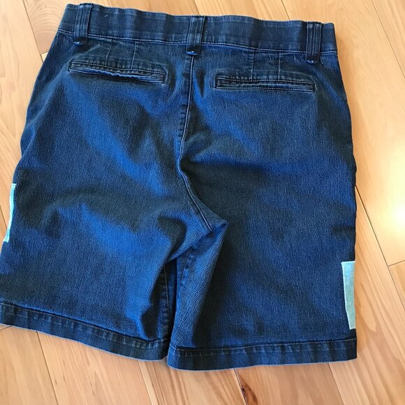 Boho Patchwork Denim Shorts, Size 14: Upcycled Jean Shorts, Decorative Stitching - Picture 2 of 7